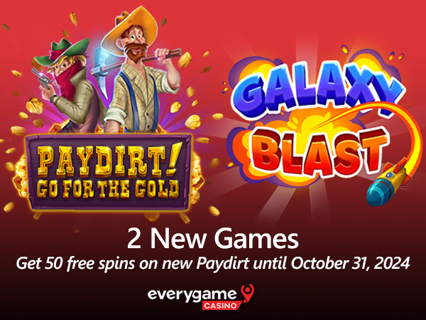 Everygame Casino is Giving 50 Free Spins on New Paydirt! Slot and Introducing Galaxy Blast, Its First Crash Game