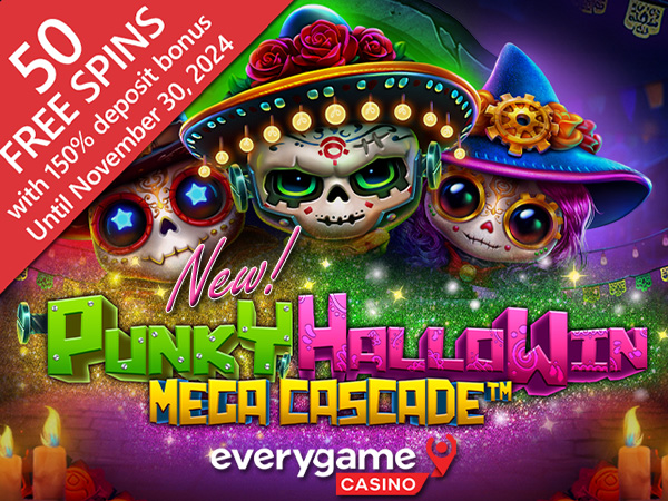 Everygame Casino Players Can Take 50 Free Spins on Punky HalloWin Mega Cascade, a New Halloween Slot from SpinLogic